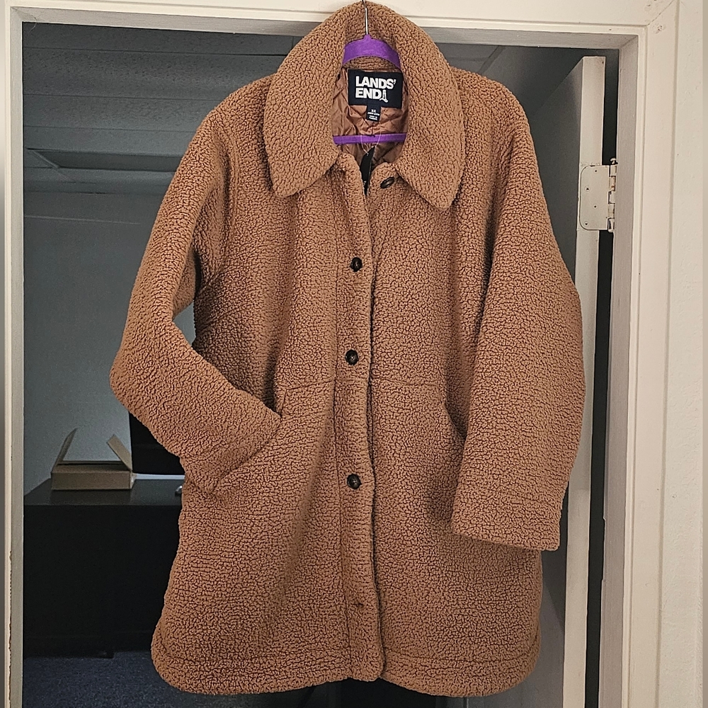 Lands' End Cozy Sherpa Teddy Bear Coat Plus Caramel Brown Size 2X 20W-22W New